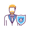 Lawyer with shield line color icon. Defendant defense. Courthouse concept. Law and justice profession.