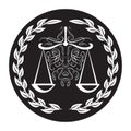 Lawyer sign of scale in laurel wreath on black background. Weigther for justice and arbitrate