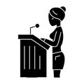 Lawyer woman - speech in court icon, vector illustration, black sign on isolated background