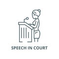 Lawyer woman,speech in court vector line icon, linear concept, outline sign, symbol