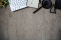 Lawyer workplace with laptop and documents on a cement wall background View from above in office. Royalty Free Stock Photo