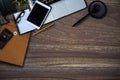 Lawyer workplace with laptop and documents with dark wooden in office. Royalty Free Stock Photo