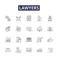 Lawyers line vector icons and signs. Solicitor, Attorneys, Advocate, Barrister, Counselor, Esquire, Litigator, Jurist