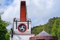 The Laxey Wheel also known as Lady Isabella is built into the hillside above the village of Laxey in the Isle of Man. It is the Royalty Free Stock Photo