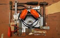 Builders tools, industrial equipment. Garage shed in a lay flat creative arrangement