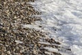 Layer of broken ice on a stony beach