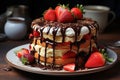 Layer cake with chocolate, vanilla and fresh strawberries., generative IA