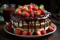 Layer cake with chocolate, vanilla and fresh strawberries., generative IA