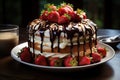 Layer cake with chocolate, vanilla and fresh strawberries., generative IA