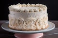 layer cake with piped borders and decorative swirls of frosting