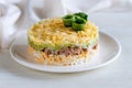 Layer canned tuna, fresh cucumber, boiled egg and cheese salad on white plate on a table. Selective focus. Side view Royalty Free Stock Photo