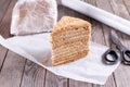 Layer honey cake Medovik on a wooden table. Traditional layer cake with honey cream