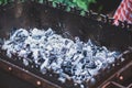 Hot coals in metal brazier closeup