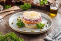 Layer russian salad herring under coat Royalty Free Stock Photo