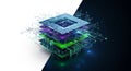 Layered abstract digital processor chip with glowing neon circuits and data connections on a split dark and white Royalty Free Stock Photo