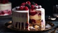 Layered berry cheesecake with fresh fruit decoration on wooden plate generated by AI