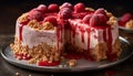 Layered berry cheesecake with raspberry and chocolate decoration, indulgent refreshment generated by AI