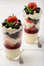 Layered berry dessert - panna cotta with berry jelly, blueberries and strawberries. Royalty Free Stock Photo