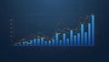 Layered blue bar chart intersecting trend lines dark grid background glowing data points Royalty Free Stock Photo