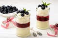 Layered blueberry dessert - panna cotta with berry jelly and blueberries.