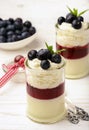 Layered blueberry dessert - panna cotta with berry jelly and blueberries.