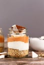 Layered breakfast or dessert with puffed quinoa grains, yogurt and coconut flakes and pieces