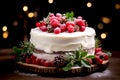 Layered cake decorated with berries, raspberries on top and fresh leaves, pine cones decoration on bokeh background Generative AI Royalty Free Stock Photo