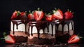 Layered cake with milk, black and white chocolate souffle decorated with strawberries on top. Generative AI Royalty Free Stock Photo