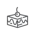 Layered cake vector illustration - editable line icon of square piece of sweet pie decorated with frosting and cherry. Royalty Free Stock Photo