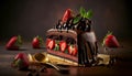 Layered chocolate cake with icing and fruit. Strawberry dessert in a piece on a plate in a dark composition. Graphic illustration. Royalty Free Stock Photo