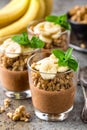 Layered chocolate chia pudding parfait with banana, granola and yogurt, dessert Royalty Free Stock Photo