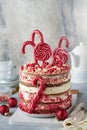 Layered Christmas gingerbread cake decorated with red Lolli pops, colored confetti on white cake stand, Christmas balls, fir