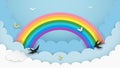 Layered cloudscape background with rainbow, flying birds and butterflies. Fluffy clouds in the sky. Kids room, baby nursery.