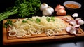 Layered Complexity: Rubber Board With Garlic, Onions, And Parsley