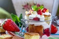 Layered Dessert of chocolate sponge cake, whipped cream or ricotta and fresh strawberries in a glass bowl. Trifle Royalty Free Stock Photo