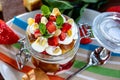 Layered Dessert of chocolate sponge cake, whipped cream or ricotta and fresh strawberries in a glass bowl. Trifle Royalty Free Stock Photo