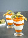 Layered dessert with protein yoghurt and physalis fruit Royalty Free Stock Photo