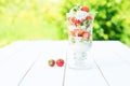 Layered dessert with strawberries and cream cheese on wooden table over green garden background Royalty Free Stock Photo