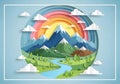 Layered Earth CrossSection with Mountains River Forest and Rainbow Sky 1 Royalty Free Stock Photo