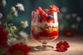 Layered fruit and cream dessert with berry fruits in glass. Generative AI