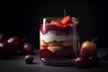 Layered fruit and cream dessert with cherry and plum in glass. Generative AI