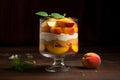Layered fruit and cream dessert with peach fruits in glass. Generative AI