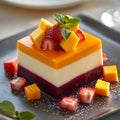 Layered fruit jelly dessert with strawberries and mango cubes. Royalty Free Stock Photo