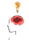 Layered human profile, brain and light bulb cut out of paper on white background. Paper cut origami. Idea and education. Vector 3d