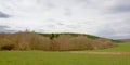 Layered landscape: meadow and bare deciduous winter forest with hill with pine forest behind under a cloudy sky Royalty Free Stock Photo