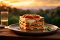 a layered lasagna on a rustic table, with Tuscan countryside in soft sunset light. Royalty Free Stock Photo
