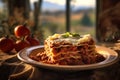 a layered lasagna on a rustic table, with Tuscan countryside in soft sunset light. Royalty Free Stock Photo
