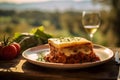 a layered lasagna on a rustic table, with Tuscan countryside in soft sunset light.