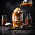 Layered Latte Macchiato in Tall Glass with Muffins