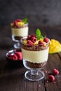 Layered mango dessert with cream cheese, crushed biscuits and freeze dried raspberries